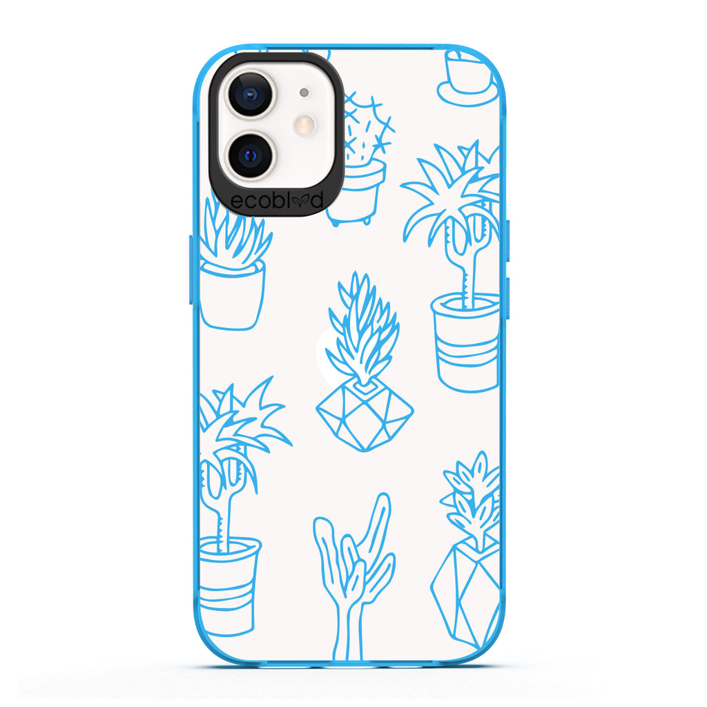 Laguna Collection - Blue iPhone 12 / 12 Pro Case With Line Art Succulent Garden Print On A Clear Back - 6FT Drop Protection