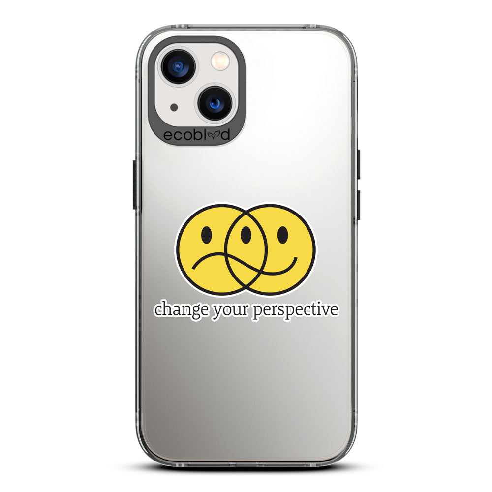 Laguna Collection - Black Compostable iPhone 13 Case With A Happy/Sad Face & Change Your Perspective On A Clear Back