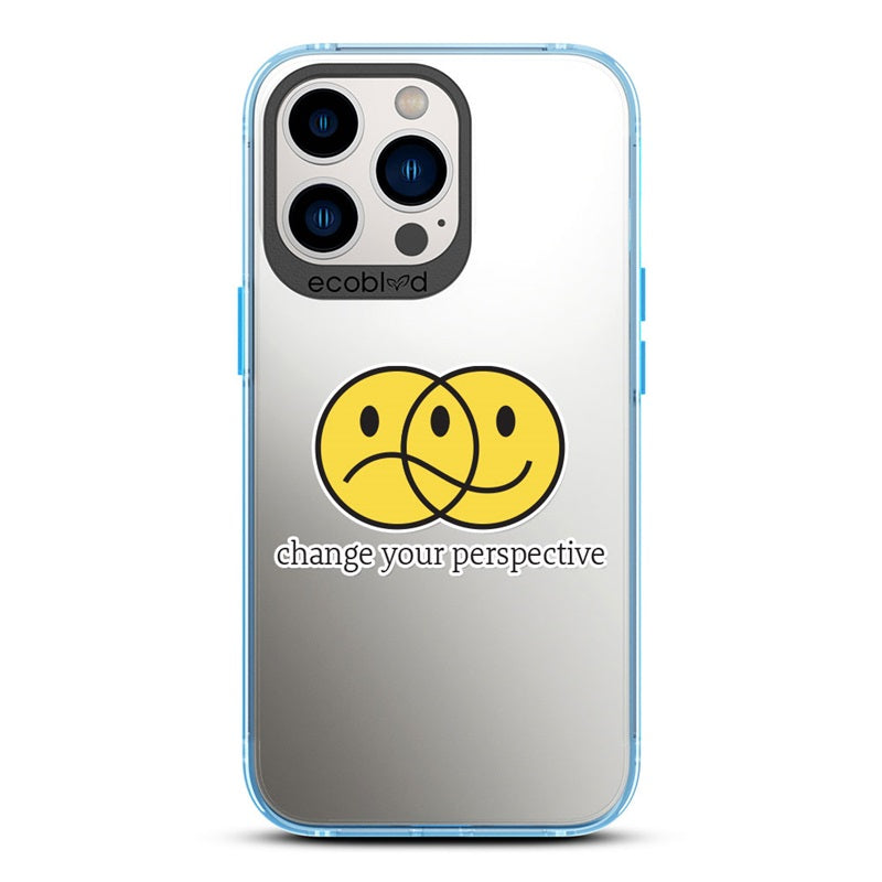 Laguna Collection - Blue Compostable iPhone 13 Pro Case With A Happy/Sad Face & Change Your Perspective On A Clear Back