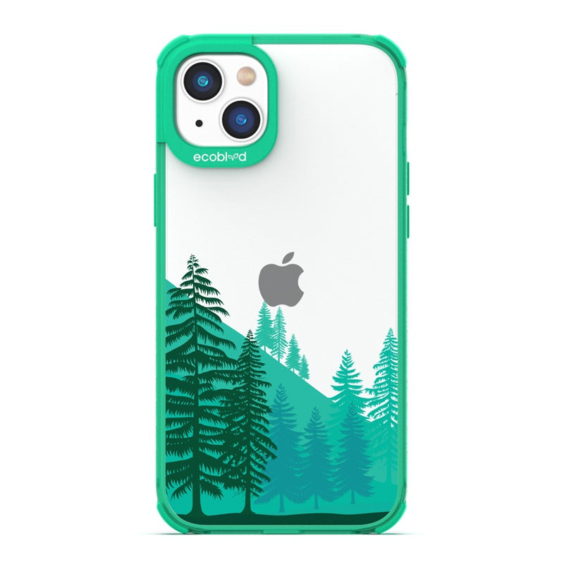 Laguna Collection - Green Eco-Friendly iPhone 14 Case With A Minimalist Mountainside Pine Tree Forest On A Clear Back