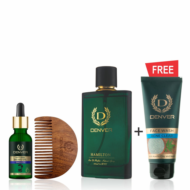 Smooth Beard Oil 30ml with free wooden comb, Hamilton Perfume 100 ml + FREE Acne Clear Face Wash 50gm