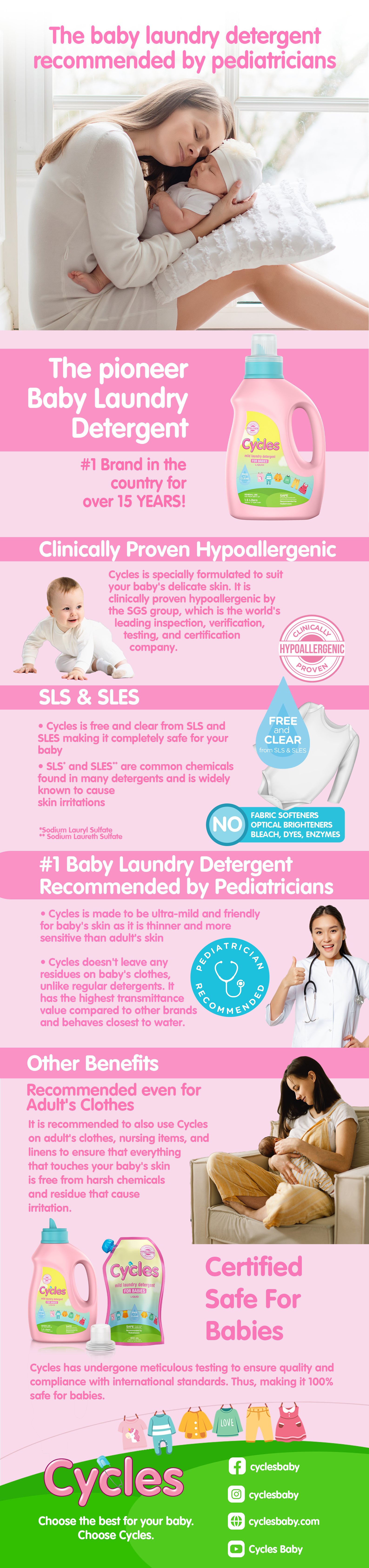 Cycles Mild Baby Laundry Liquid Detergent is proven to be mild and hypoallergenic. It's free from harsh chemicals, making it safe for babies' sensitive skin.