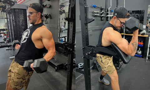 Man performing incline curls and preacher curl exercising using the Infinity Arm by Exponent Edge.