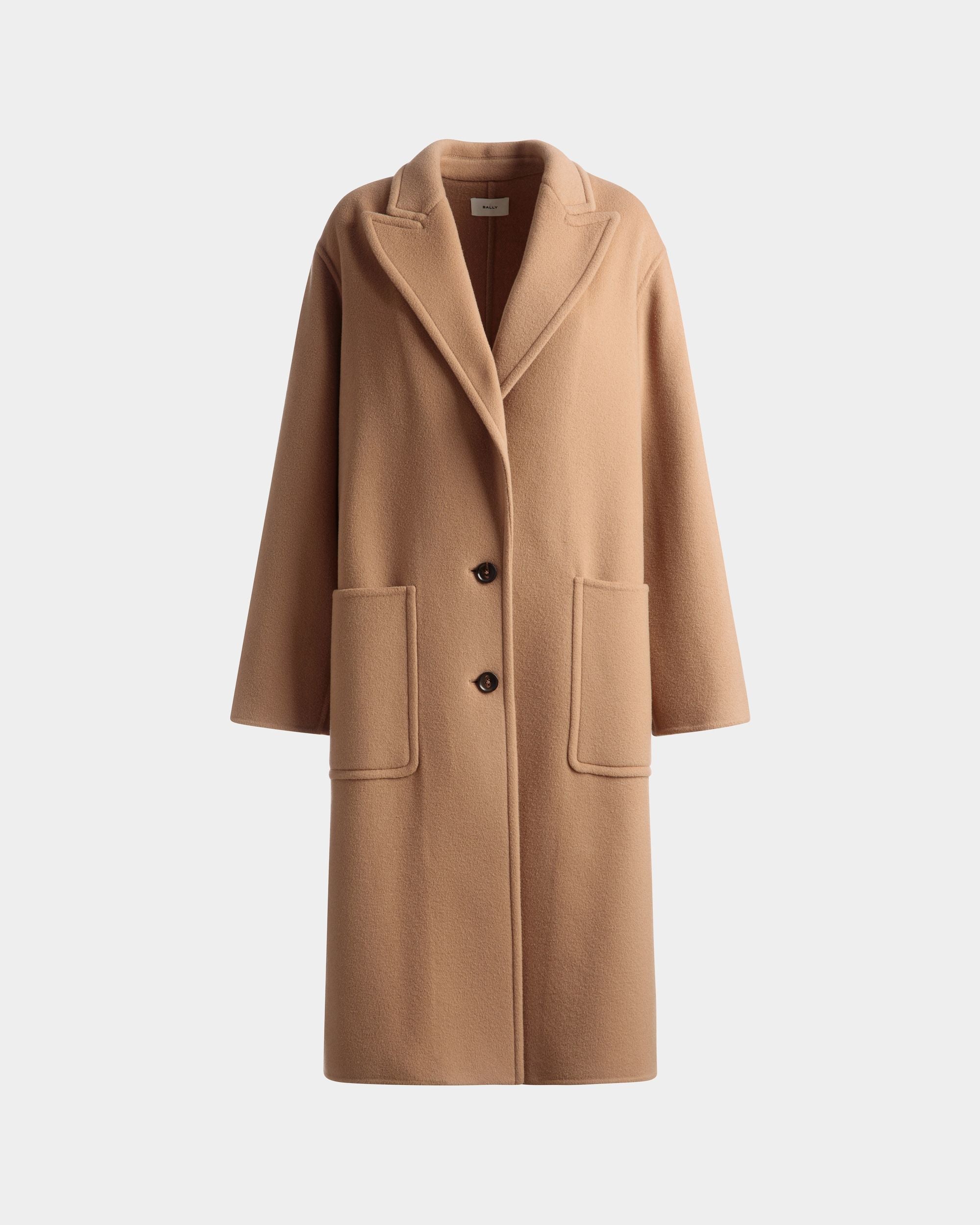 Single Breasted Coat | Women's Outerwear | Camel Cashmere Wool Mix | Bally | Still Life Front