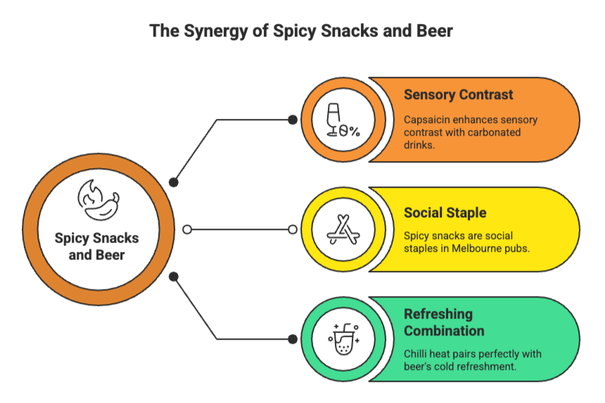 Diagram titled 'The Synergy of Spicy Snacks and Beer' with three key points.