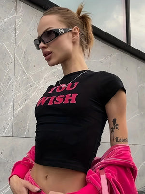 PrettysWomen-Printcess Women's Y2K Sexy Slim Short SleeveRound Neck Crop Top Print YOU WISH Cool Street Fashion Women Clothing - PrettysWomen