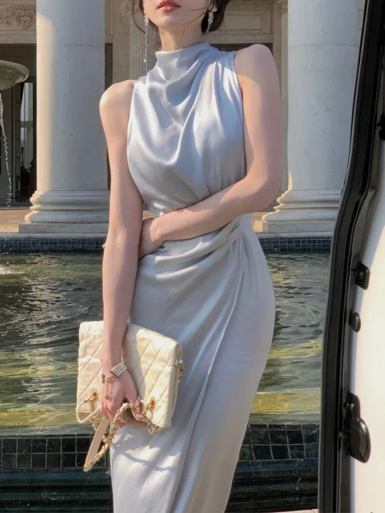 Prettyswomen-Women Summer Halter Satin Midi Party Dress Sleeveless Bodycon Slim Casual Solid Birthday Vestidos Female One Pieces Prom Robe