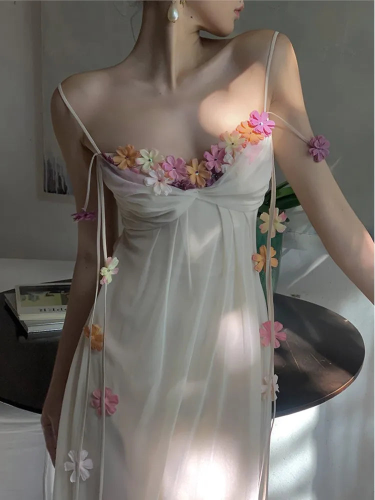 Prettyswomen-Elegant Dresses for Women Summer Spaghetti Strap Holiday style Flowers A-line Party Dress Backless Wedding Prom Robe Vestido New