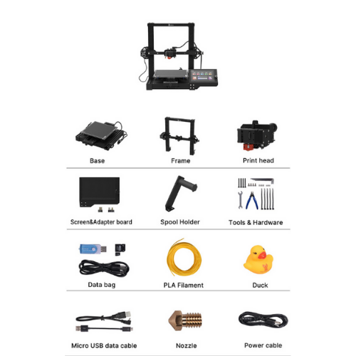 Some 3D accessories are well-packaged in your bag, including an adapter board, spool holder, tools, hardware, U disk, SD card, USB data cable, scraper, carver, and nozzle. BIQU 3D Printing