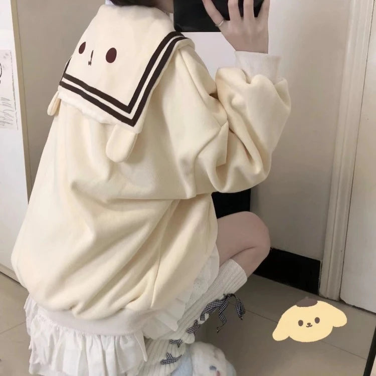 Poshoot Harajuku Kawaii Zip Up Hoodie Women Sailor Collar Japanese Style Cute Sweatshirts Oversize Lolita Girly Anime Print Jacket