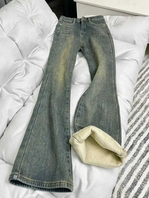 Poshoot Padded Vintage Blue Straight Leg Micro Flare Jeans Stylish High Street Straight Leg Jeans Harajuku Hip Hop Hot Girls Y2k Pants - Poshoot