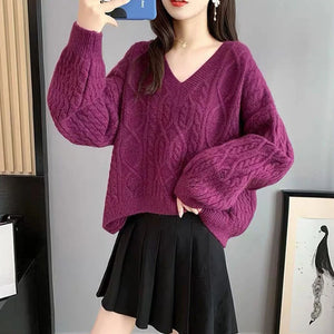 Poshoot Chic V Neck Cropped Sweater Women Autumn Winter Long Sleeve Loose Jumpers Woman Korean Fashion Solid Color Short Sweaters Ladies - Poshoot