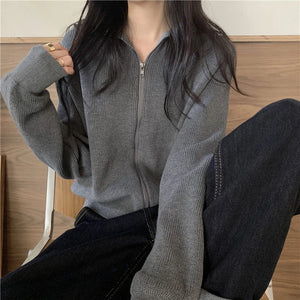 Poshoot Korean Fashion Zipper Up Cardigan Women Autumn Winter Knitted Turtleneck Sweater Woman 2024 Solid Color Cropped Cardigans Female - Poshoot