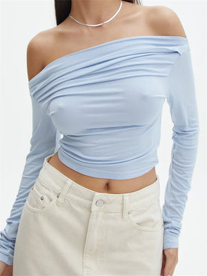 Poshoot Sexy Women Slash Neck Off Shoulder Tees Shirts Crop Tops Long Sleeve Solid Color Slim Fit Ruched T-Shirts Streetwear - Poshoot