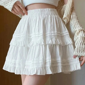 Poshoot Sweet Cute Lace Mini Skirt Women Kawaii White Ruffles Pleated Short Skirts Woman 2025 Summer Korean High Waist A Line Skirts - Poshoot