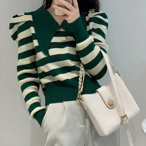 Poshoot Green Puff Sleeve Stripe Sweaters Women 2024 Korean Lapels Cropped Sweater Woman Spring Autumn Long Sleeved Knit Pullover - Poshoot
