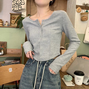 Poshoot Gray V Neck Knitted Women Sweater Autumn Winter Button O-Neck Pullovers Woman Basic Solid Color Slim Fit Crop Tops Female - Poshoot