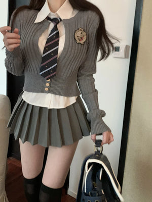 Poshoot Autumn Elegant Knitted Set Women Casual Y2k Crop Tops Cardigan + Blouse + Mini Skirts 3 Piece Dress Set Korean Clothing - Poshoot