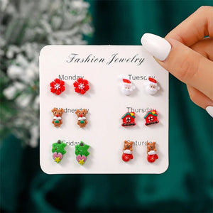 Poshoot 6 Pairs/Set Christmas Stud Earring For Women Cute Cartoon Resin Snowflake Santa Claus Elk Earrings Girl Party New Year Jewelry - Poshoot