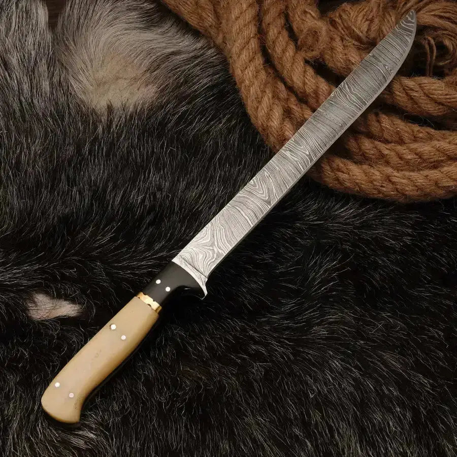 Fillet Knife - Handmade Damascus Steel Fillet Full Tang Knife With Bone Handle-Japnese Chef Knife - Hunt Craft Knives