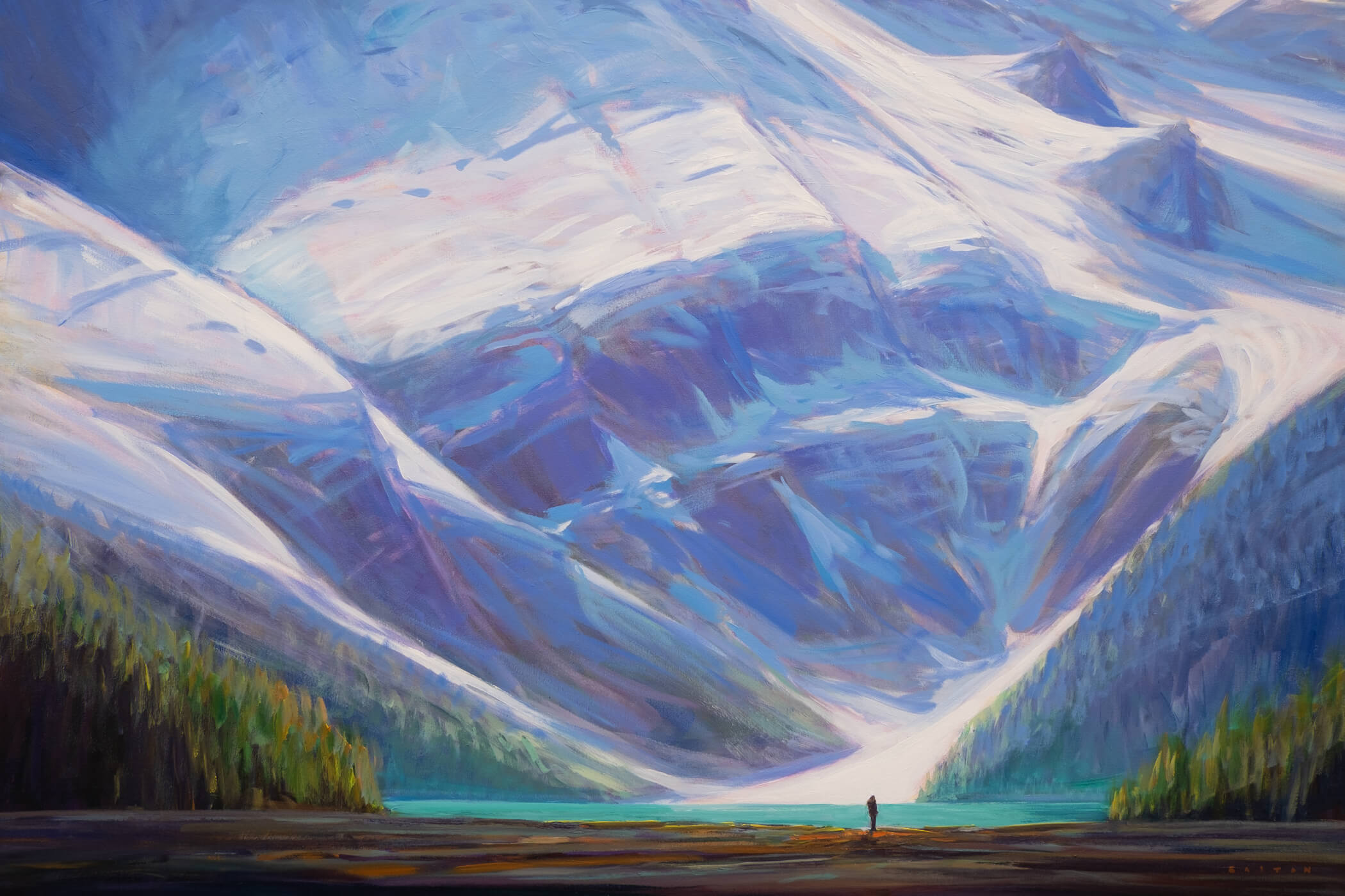 Painting of a person next to a vast mountain valley & glacial lake.