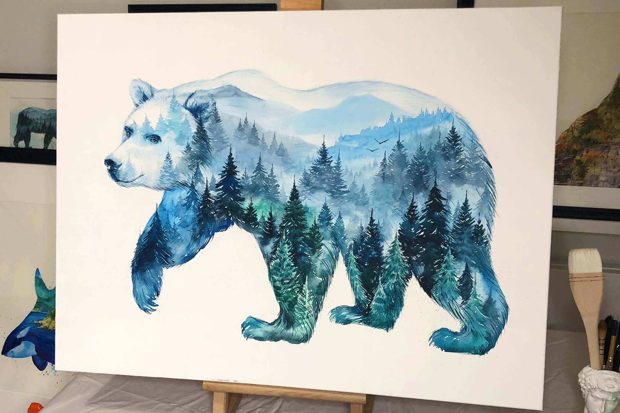 Double Exposure style painting of a bear with a forest within it.