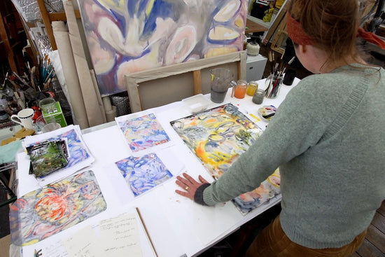 Artist Tamsin Relly working on water-based monoprints.