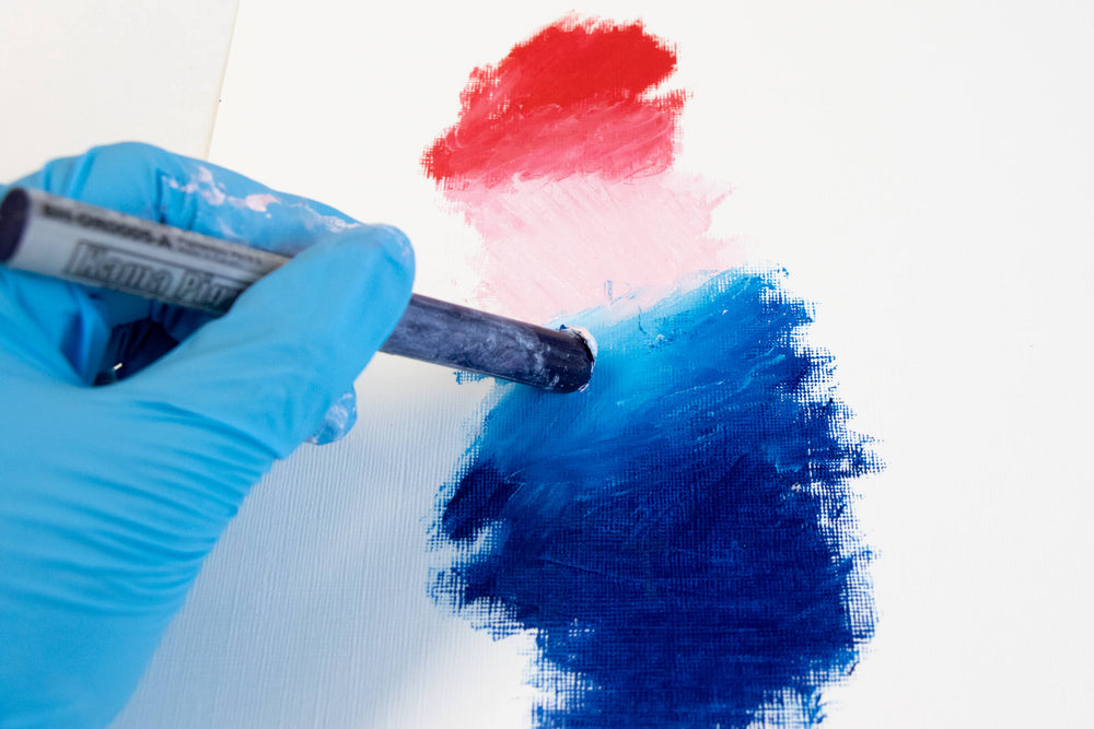 Paint with Oil Stick, The Oil Stick is a composition of oil paint. A  proportion of the oil is substituted with a neutral mineral wax, resulting  in the stick appearance. It