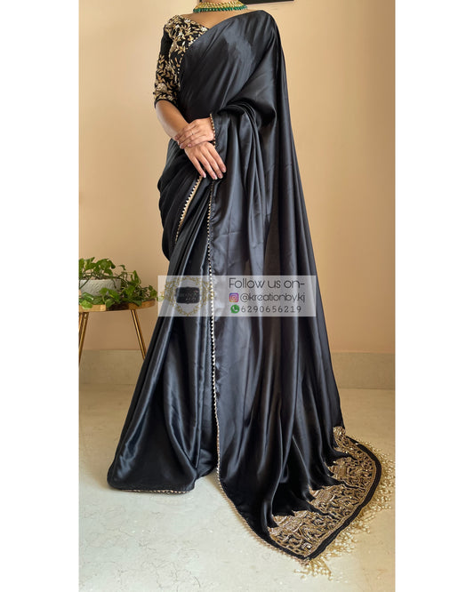 Black Crepe Silk Saree with Handwork Border