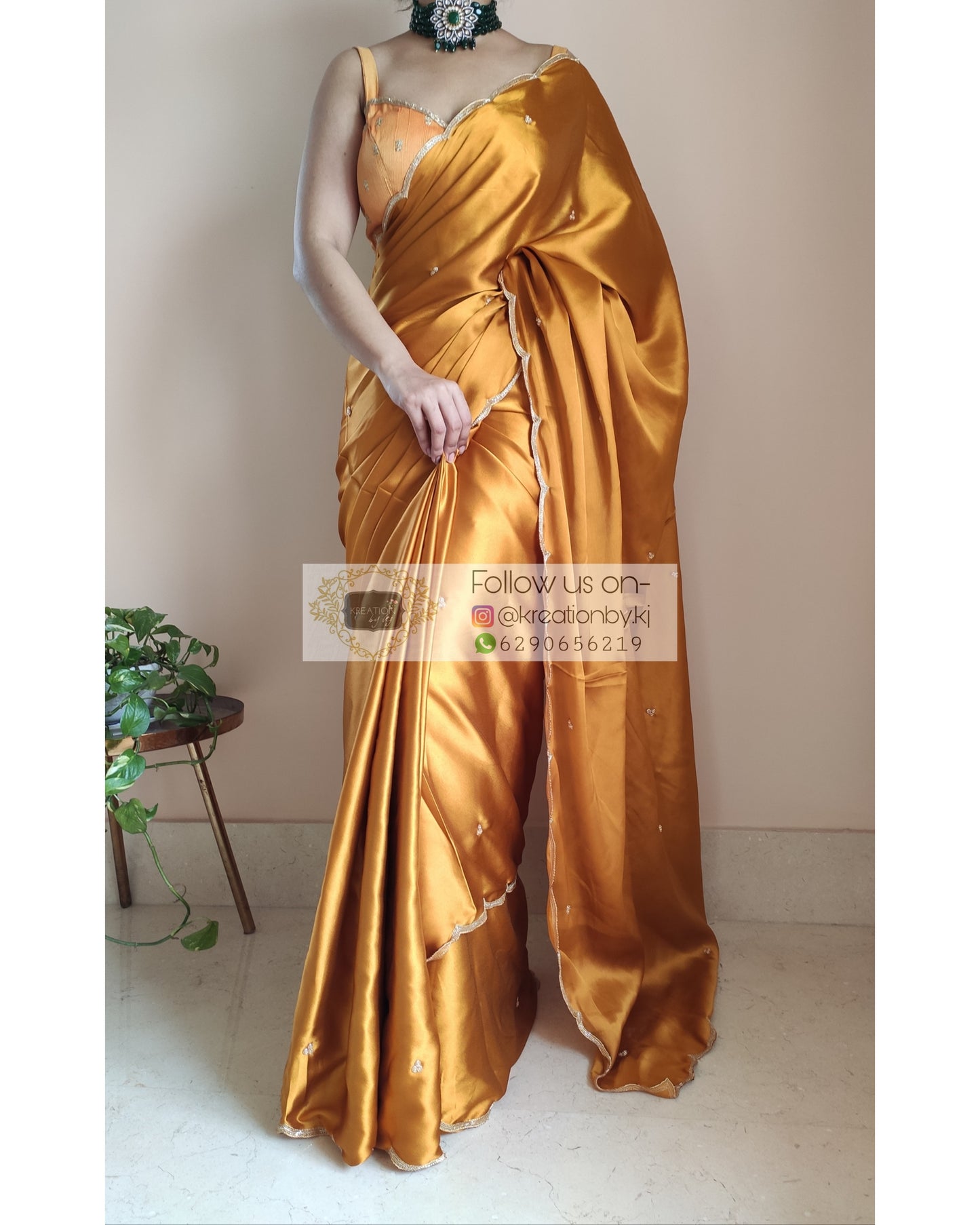 Golden Yellow Satin Silk Saree With Handembroidered Scalloping