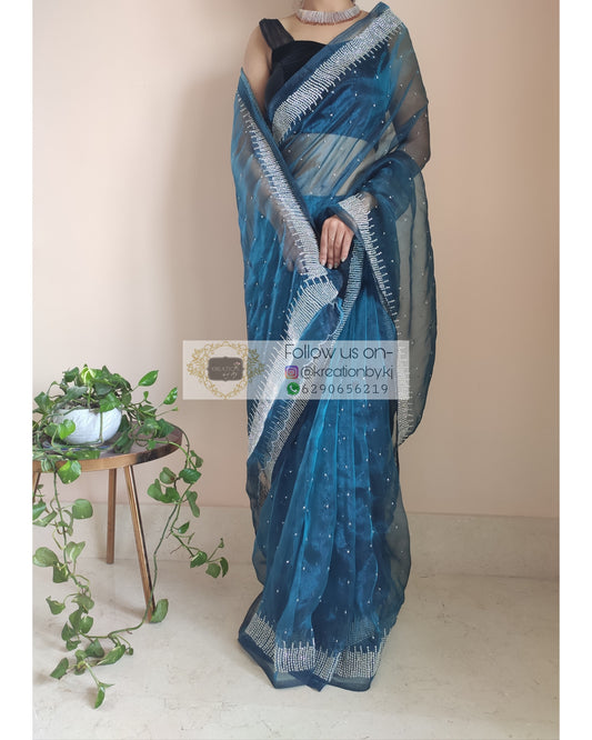 Cobalt Blue Zari Weaved Jacquard Silk Saree