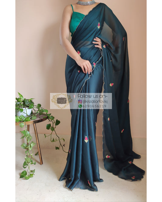 Banarasee Semi-Chiffon Saree With Antique Gold Zari Work-Cobalt Blue