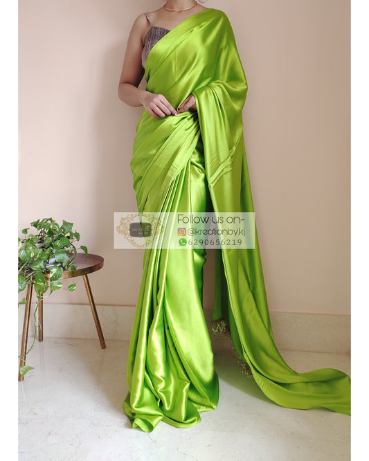 Moss Green Satin Silk Saree With Handmade Tassels On Pallu