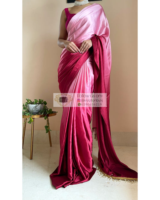 Rose Gold Satin Silk Saree With Handmade Tassels On Pallu