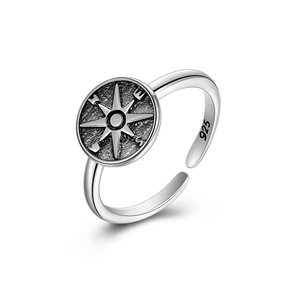 Sterling Silver Compass Oxidation Opening Ring - Ecart