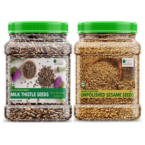 Bliss of Earth Combo Of Naturally Organic White Unpolished Sesame Seeds (600gm) For Eating And Milk Thistle Seeds (500gm) Super Food For Liver Cleansing, Immunity Boosting (Pack Of 2)