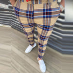Spring 2022 Men Pants Business Slim Fit Beltless Plaid Stripe Print Suit Pants Autumn Buttoned Streetwear Male Trousers Harajuku