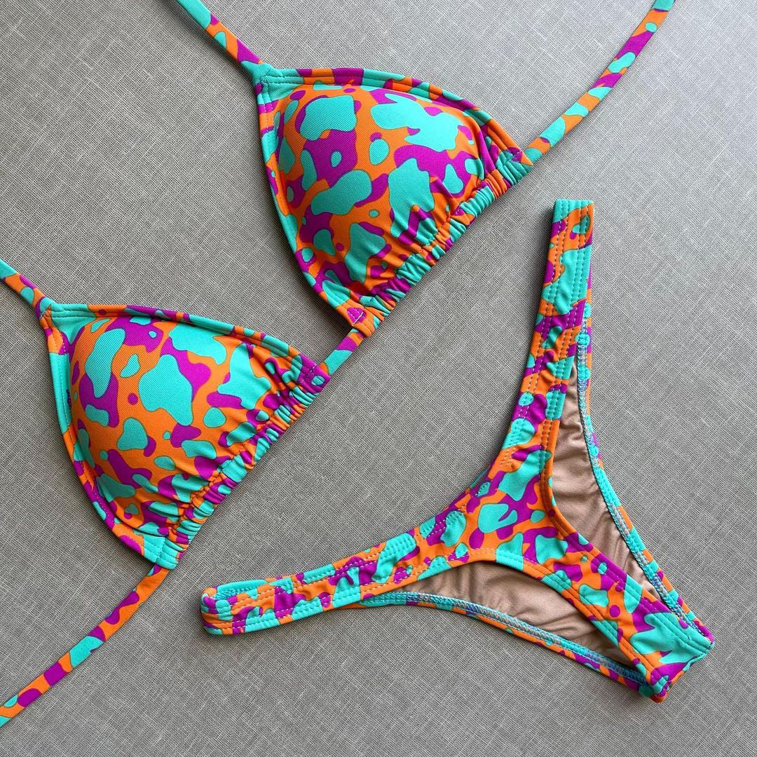 Personalized print split strap bikini