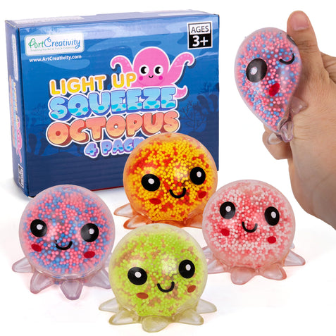 4PCS Squeeze Balls Cute Octopus Stress Relief Anti Anxiety Squishies  Squeezing Balls Toys with Led Light for Kids Gifts Party Favors