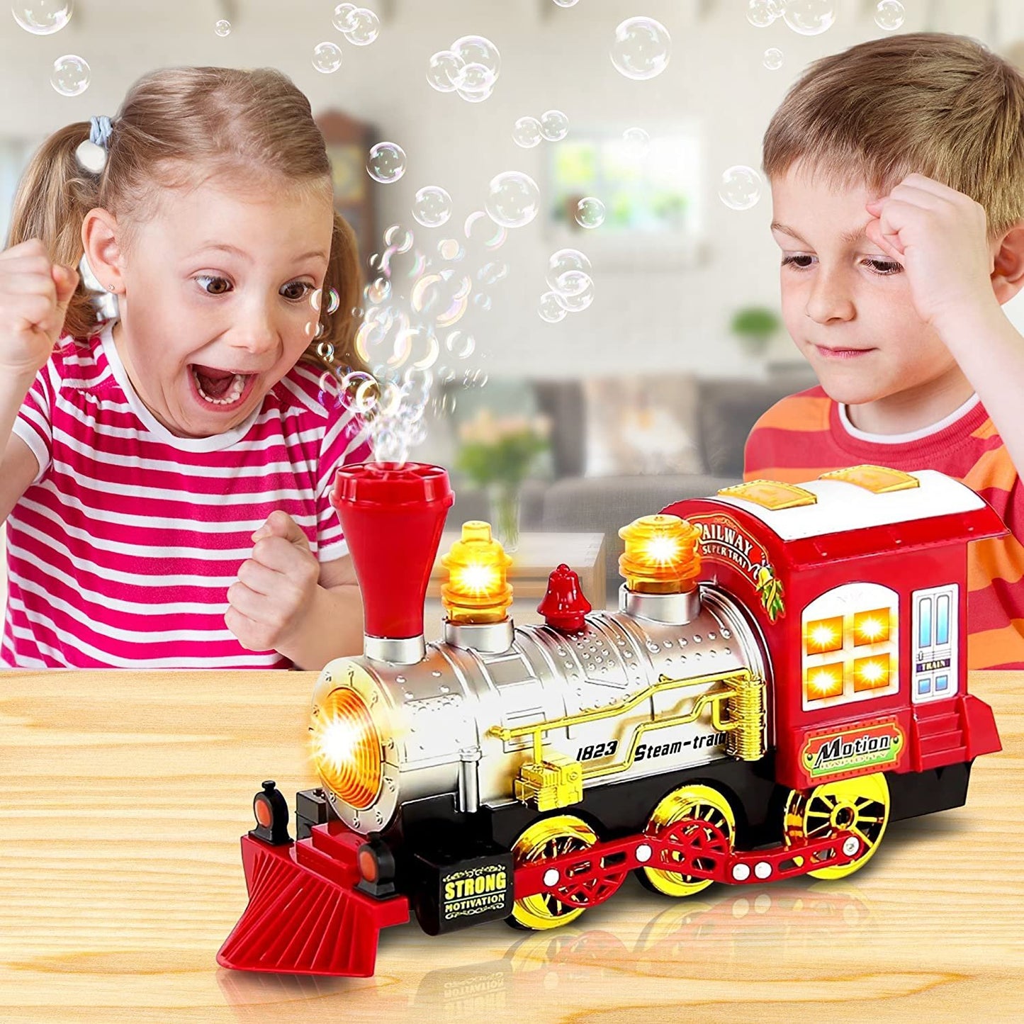 Bubble Blowing Toy Train with Lights and Sounds by ArtCreativity - Includes 5oz Bubble Solution and Plastic Funnel - Moving Bump and Go Steam Locomotive for Kids for Boys and Girls