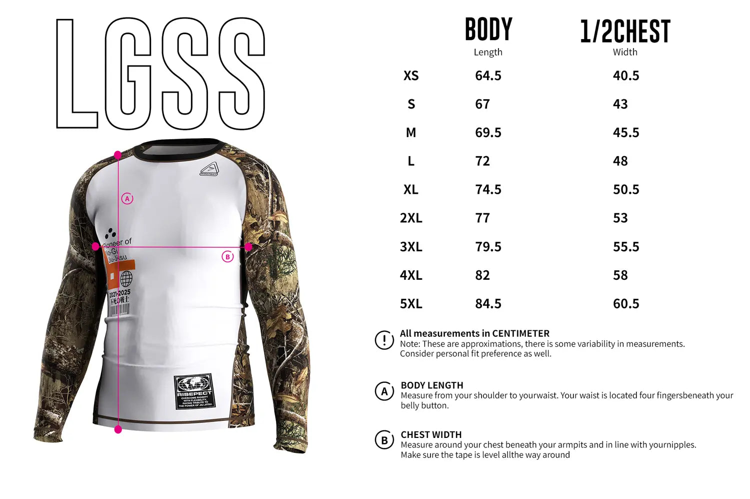 Größentabelle für Erwachsene des langärmeligen Rashguards „Predator's Veil“ der 3. Generation