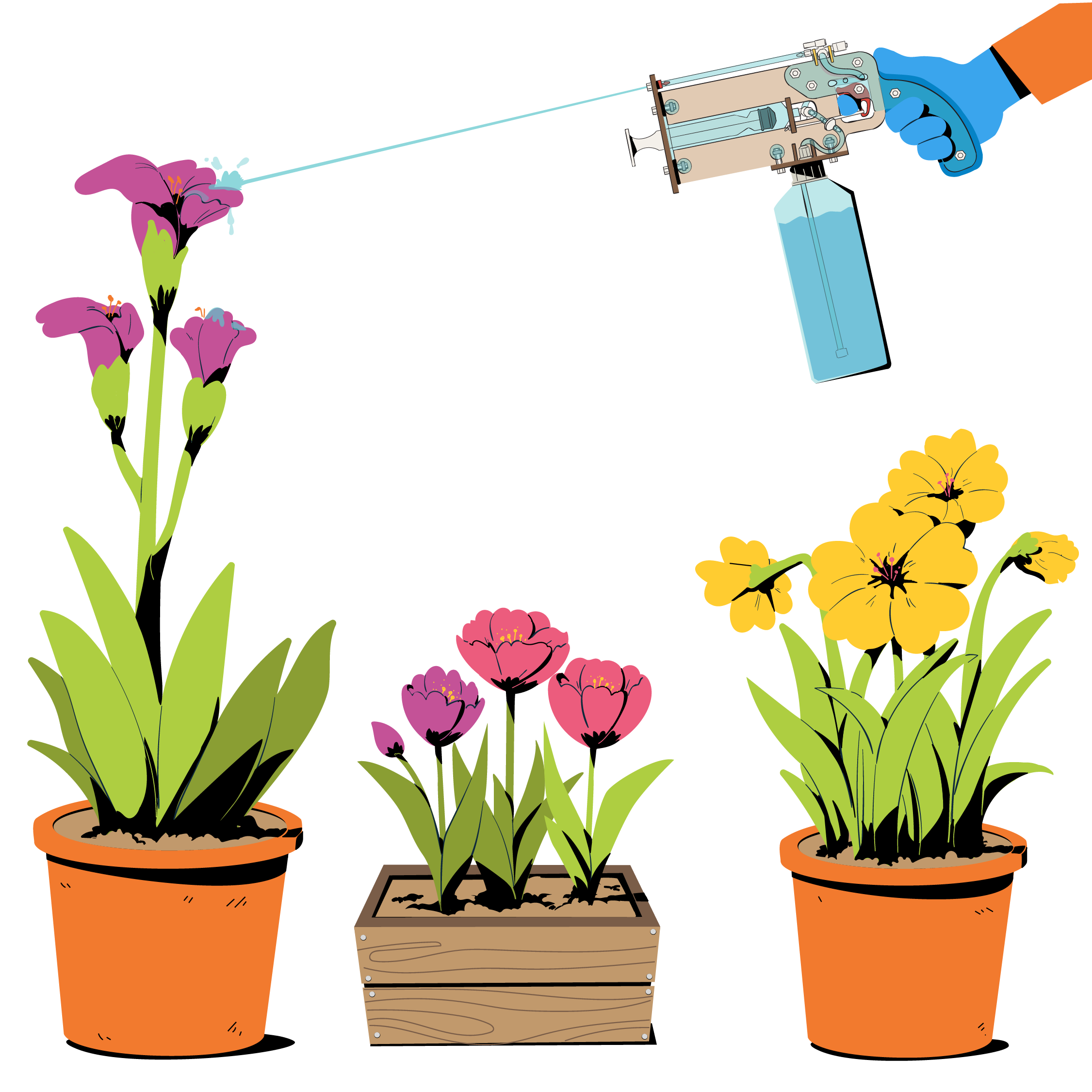 A drawing of three sets of flowers planted in pots. One pot is being watered by the Wet Bandit, a squirt gun.