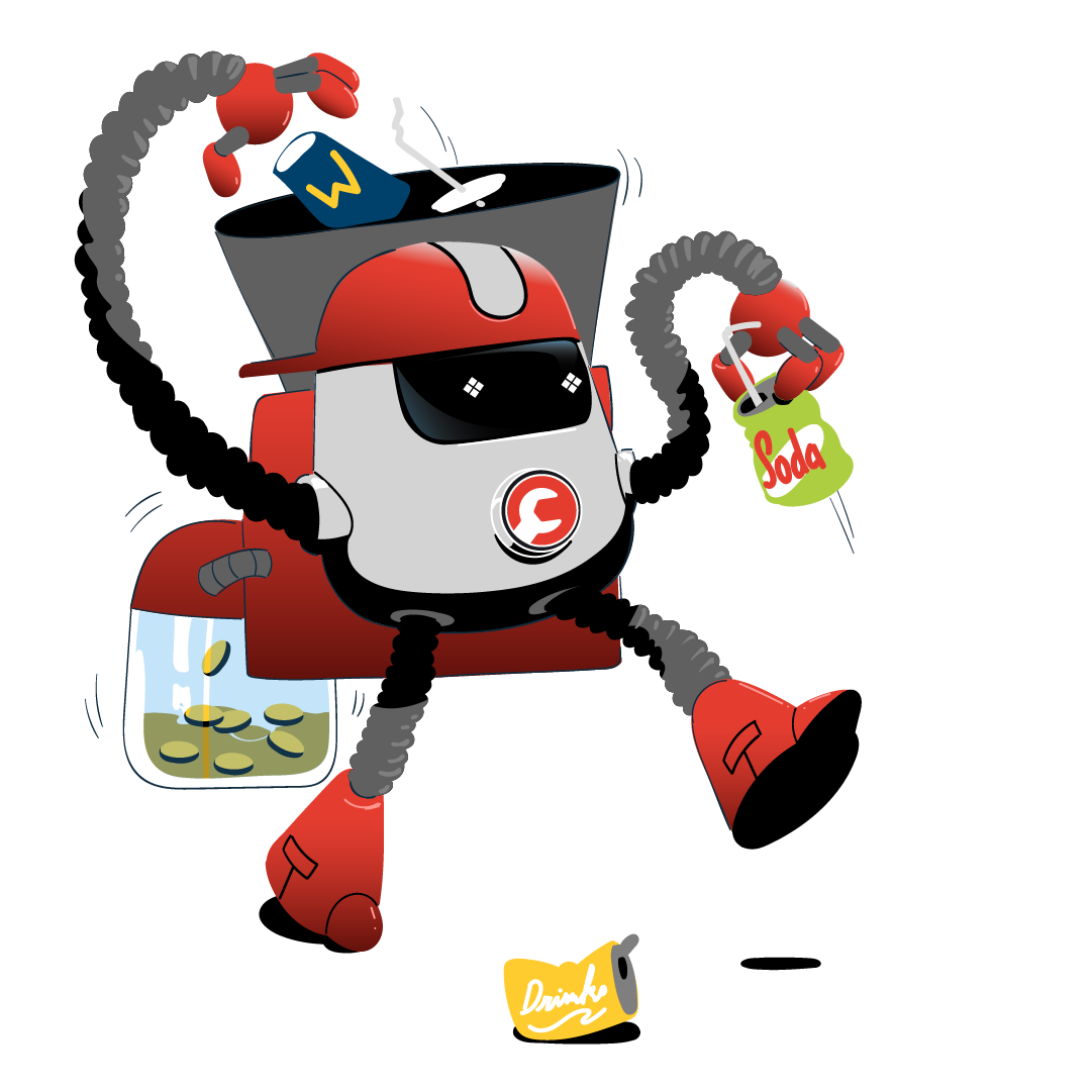 A drawing of a fantasy robot. It is picking up trash and depositing it in its backpack. The backpack has a second compartment full of gold coins. The trash being converted to gold.