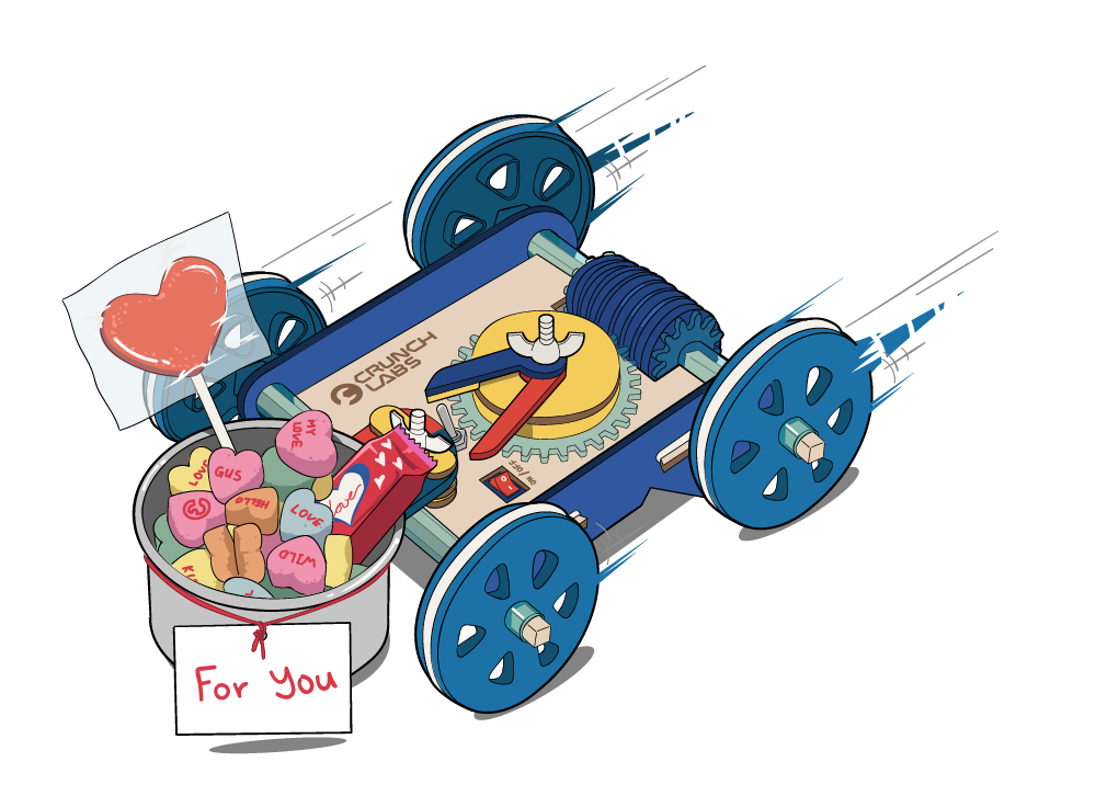A drawing of the CrunchLabs Boomerang Car drives with a metal bowl in front of it. The metal bowl is filled with candy ad has a  paper that reads 'for you' tied to it. 