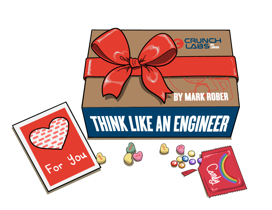 A drawing of a CrunchLabs Build Box with a bow tied around it. Candy and a Valentine's card are in front of it.
