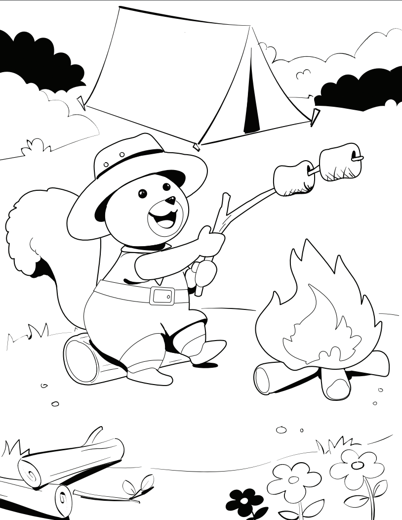 Black and white drawing of a cartoon squirrel roasting marshmallows over a campfire near a tent in a forest.