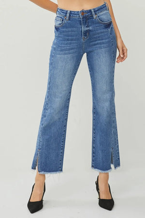 RISEN High Waist Raw Hem Slit Straight Jeans - boutiqueonthecreek