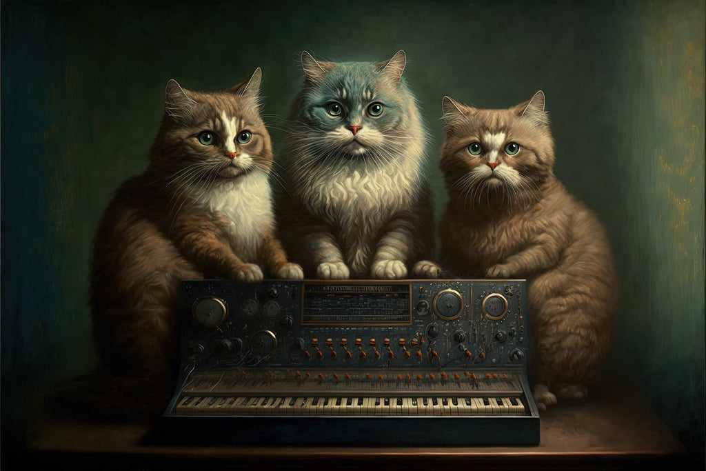 Three Cats sitting on a synthesizer, one cat represents the idea, on the process, and one the result. 