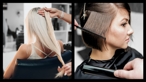 This image showcases two different women, the left is a platinum blonde with long hair, and the right is the same gal, now with dark brown hair, in the process of having her hair styled! This image is used as the header image in the Ippodaro Natural Salon blog post, “How to take your hair from blonde to dark Brown or black, NOT green!”