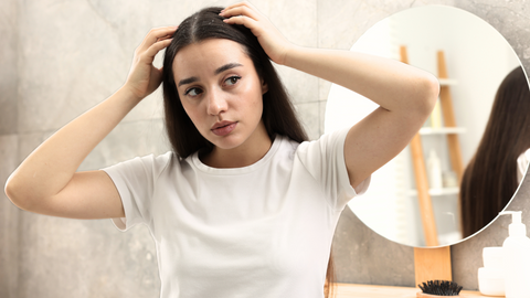 This image showcases a woman wearing a white tee shirt, standing in a bathroom and holding her head, fingers on either side of her part line, and dandruff sprinkled throughout her hair. This image is used in the Ippodaro Natural Salon blog titled, “Unhealthy Scalp: Red Flags to Watch Out For and How to Treat Them”.
